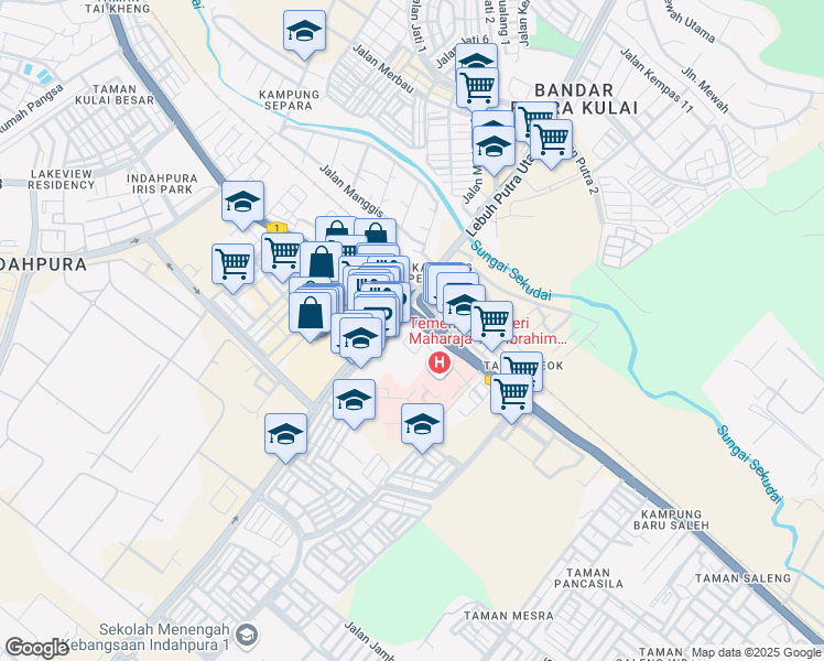 map of restaurants, bars, coffee shops, grocery stores, and more near Jalan Ayer Hitam in Kulai