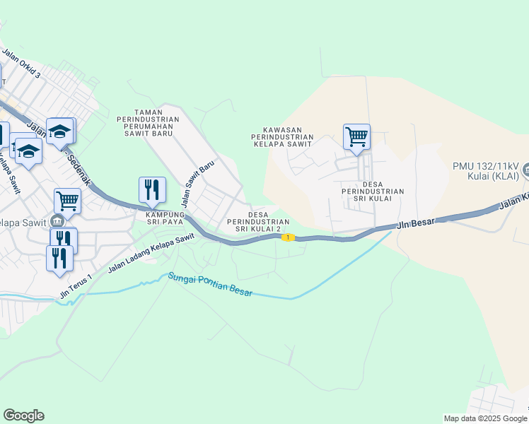 map of restaurants, bars, coffee shops, grocery stores, and more near Jalan Ayer Hitam in Kulai