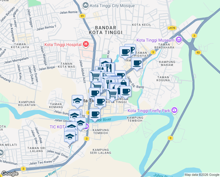 map of restaurants, bars, coffee shops, grocery stores, and more near Jalan Niaga 1 in Kota Tinggi
