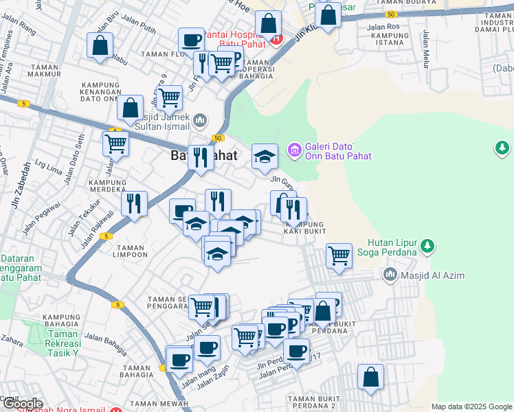map of restaurants, bars, coffee shops, grocery stores, and more near Jalan Kiambang in Batu Pahat
