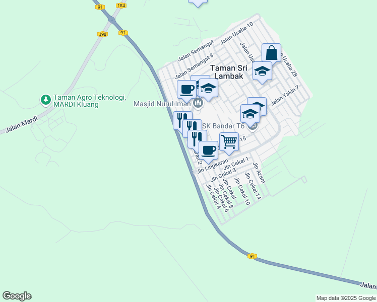 map of restaurants, bars, coffee shops, grocery stores, and more near 13 Jalan Lingkaran 3 in Kluang