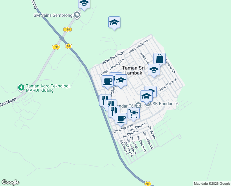 map of restaurants, bars, coffee shops, grocery stores, and more near in Kluang
