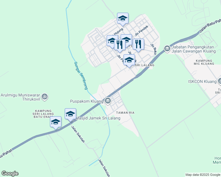 map of restaurants, bars, coffee shops, grocery stores, and more near No. 104 Jalan Sekolah in Kluang