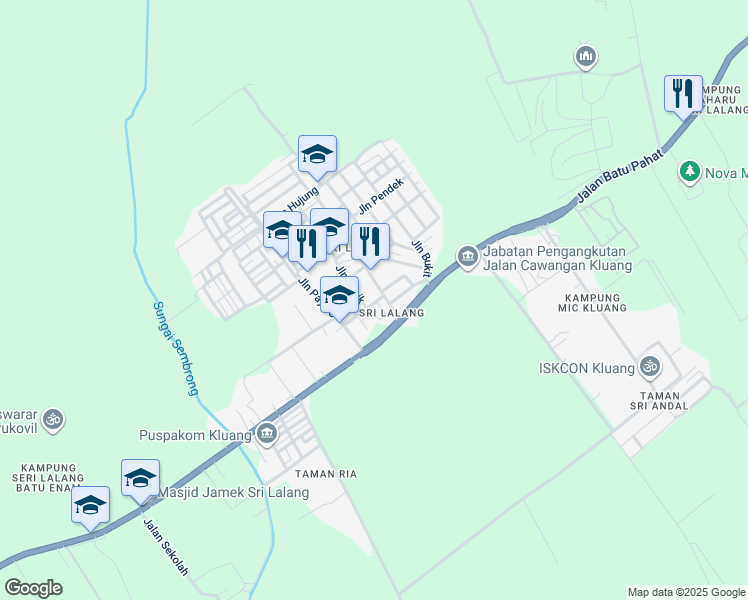 map of restaurants, bars, coffee shops, grocery stores, and more near No. 104 Jalan Sekolah in Kluang