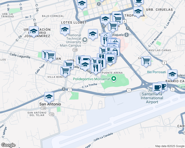 map of restaurants, bars, coffee shops, grocery stores, and more near in Alajuela