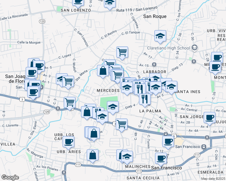 map of restaurants, bars, coffee shops, grocery stores, and more near in Heredia