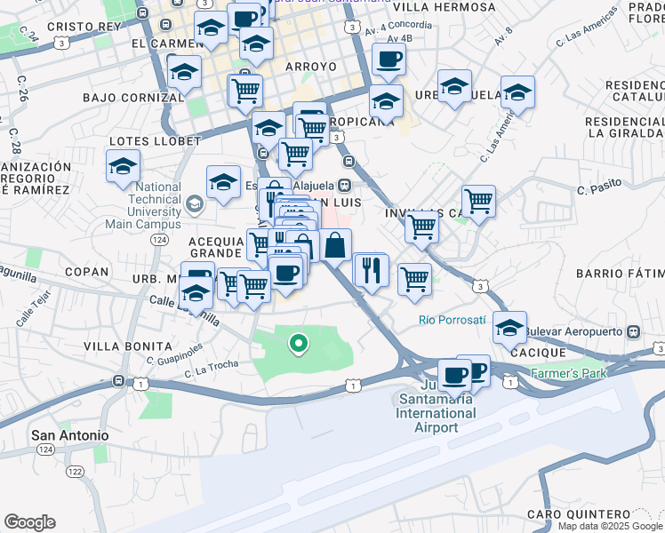 map of restaurants, bars, coffee shops, grocery stores, and more near Radial Francisco J. Orlich in Alajuela