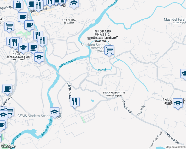 map of restaurants, bars, coffee shops, grocery stores, and more near in Kakkanad