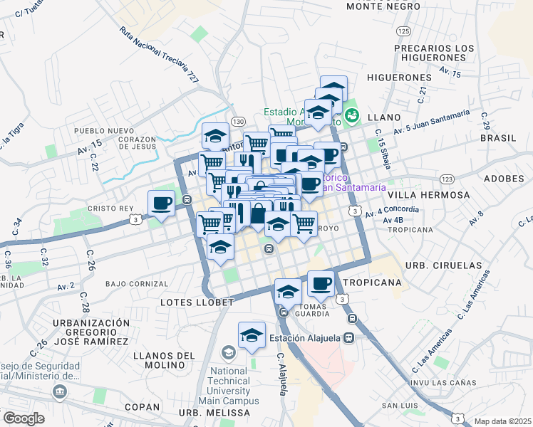 map of restaurants, bars, coffee shops, grocery stores, and more near in Alajuela