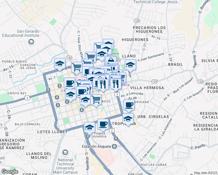 map of restaurants, bars, coffee shops, grocery stores, and more near Calle 7 in Alajuela