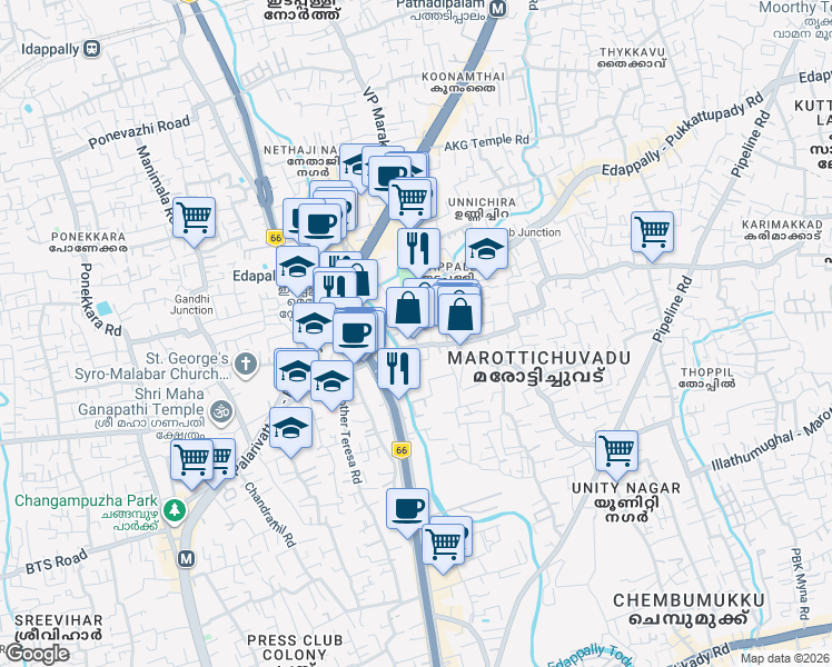 map of restaurants, bars, coffee shops, grocery stores, and more near Thoppil Family Lane in Ernakulam