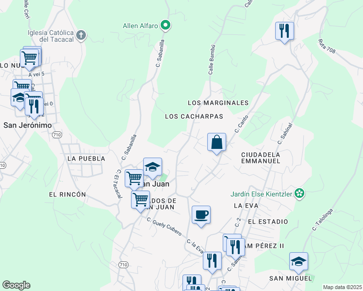 map of restaurants, bars, coffee shops, grocery stores, and more near Calle Bambu in Sarchi