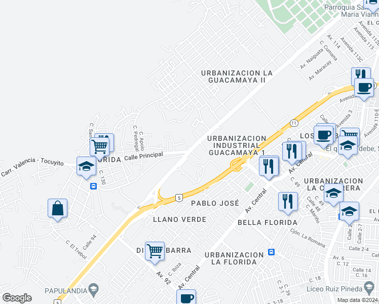 map of restaurants, bars, coffee shops, grocery stores, and more near Av. 93 Lisandro Alvarado in Valencia