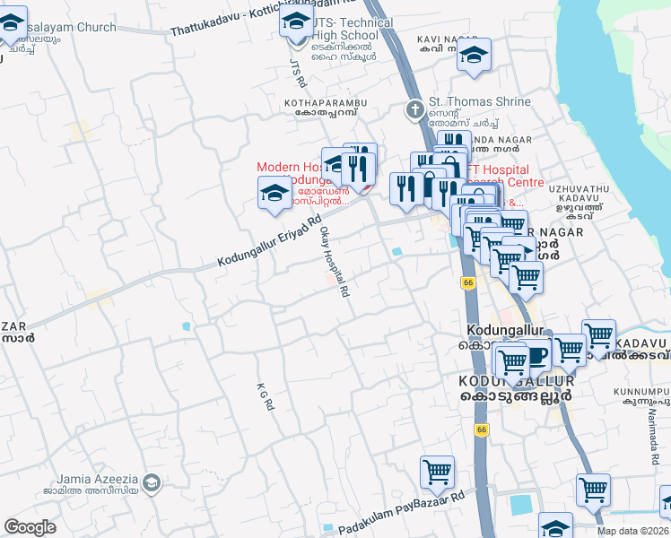 map of restaurants, bars, coffee shops, grocery stores, and more near Okay Hospital Road in Kodungallur