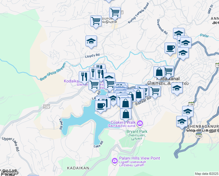 map of restaurants, bars, coffee shops, grocery stores, and more near in Kodaikanal