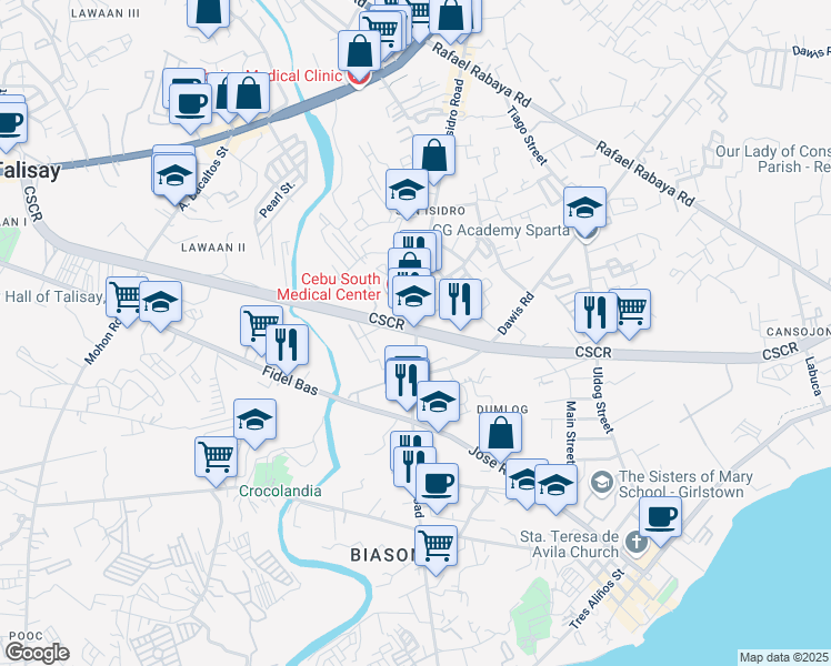 map of restaurants, bars, coffee shops, grocery stores, and more near San Isidro Rd in Talisay City