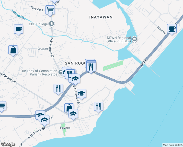 map of restaurants, bars, coffee shops, grocery stores, and more near 5 Cebu South Coastal Road in Talisay City