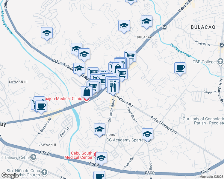 map of restaurants, bars, coffee shops, grocery stores, and more near Rafael Rabaya Road in Talisay City