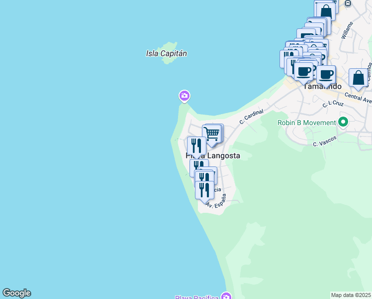 map of restaurants, bars, coffee shops, grocery stores, and more near Calle Guapinol in Playa Langosta
