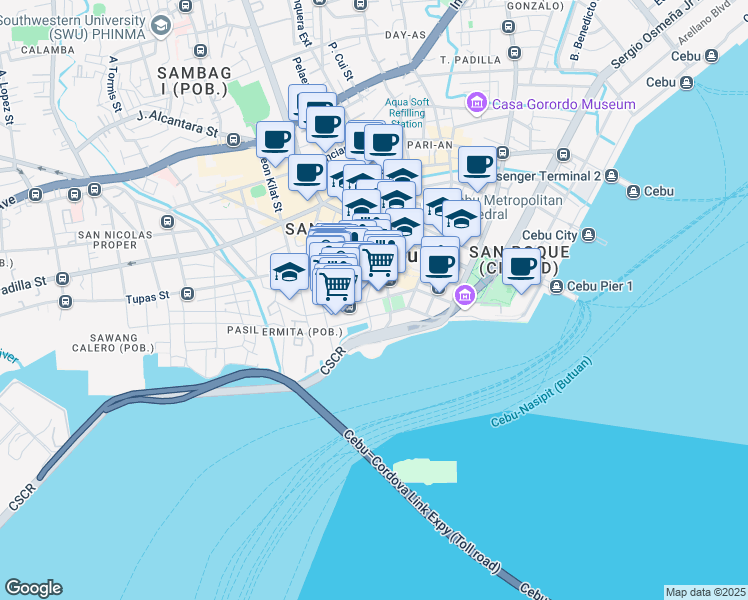 map of restaurants, bars, coffee shops, grocery stores, and more near M. C. Briones Street in Cebu City