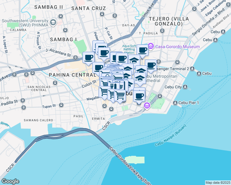 map of restaurants, bars, coffee shops, grocery stores, and more near Plaridel Street in Cebu City