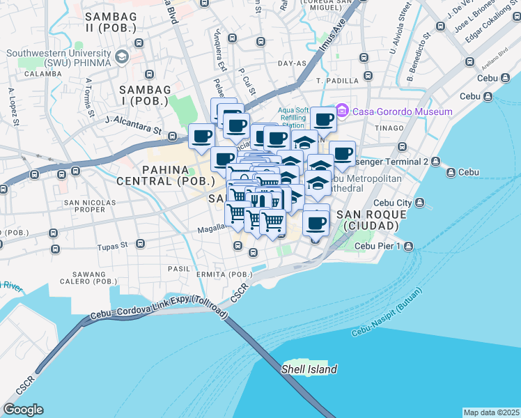 map of restaurants, bars, coffee shops, grocery stores, and more near 104 Plaridel Street in Cebu City