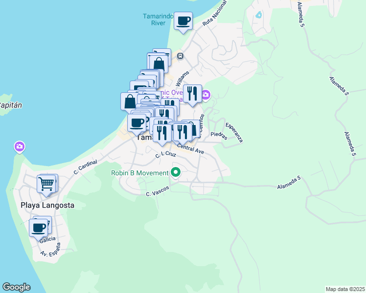 map of restaurants, bars, coffee shops, grocery stores, and more near Avenida Central in Tamarindo