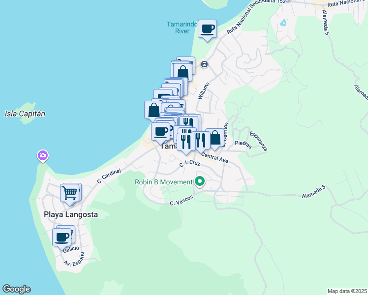 map of restaurants, bars, coffee shops, grocery stores, and more near Avenida Central in Tamarindo