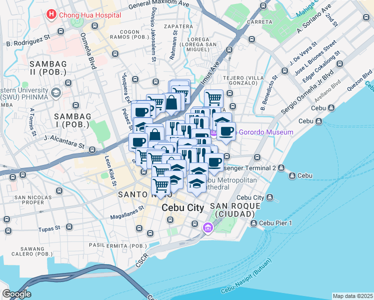 map of restaurants, bars, coffee shops, grocery stores, and more near J.C. Zamora Street in Cebu City
