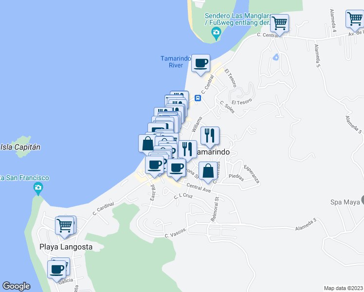 map of restaurants, bars, coffee shops, grocery stores, and more near Willams in Tamarindo