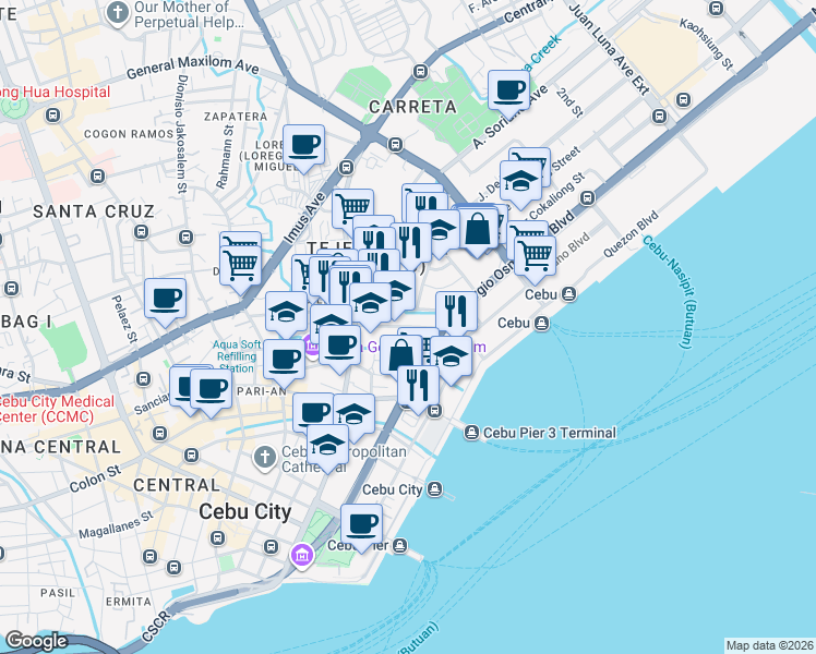 map of restaurants, bars, coffee shops, grocery stores, and more near Villagonzalo Street in Cebu City