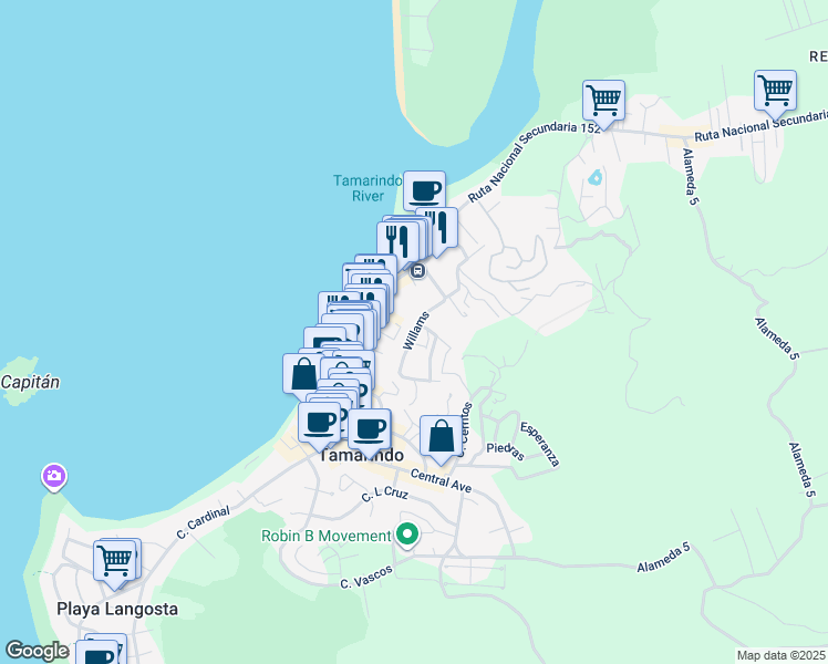 map of restaurants, bars, coffee shops, grocery stores, and more near Willams in Tamarindo