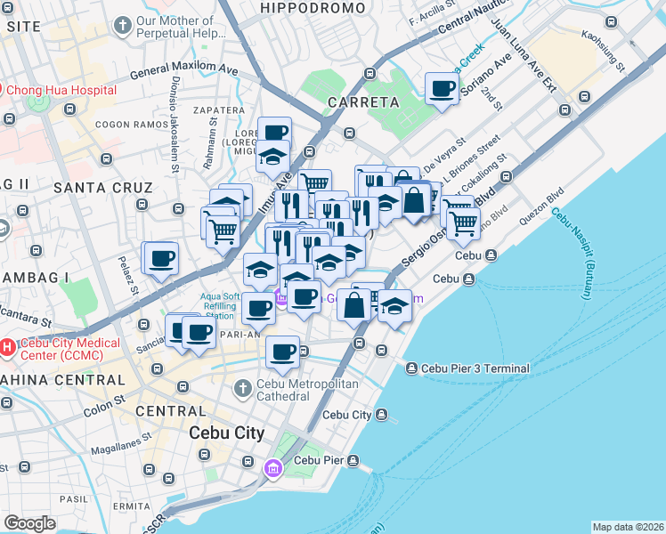 map of restaurants, bars, coffee shops, grocery stores, and more near Tiburcio Padilla Street in Cebu City