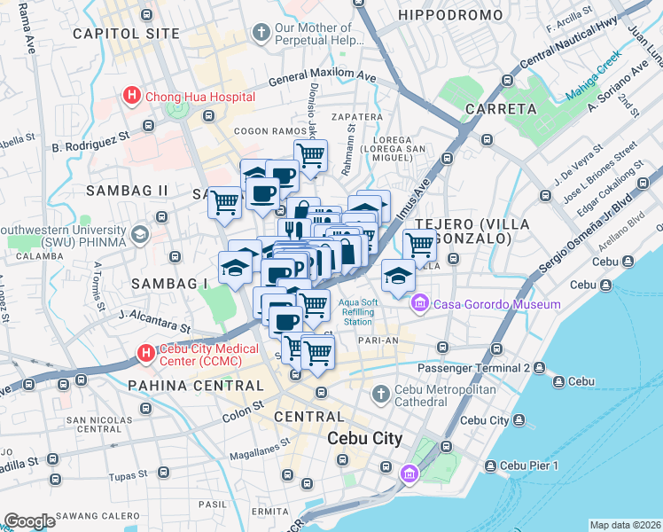 map of restaurants, bars, coffee shops, grocery stores, and more near Dionisio Jakosalem Street in Cebu City