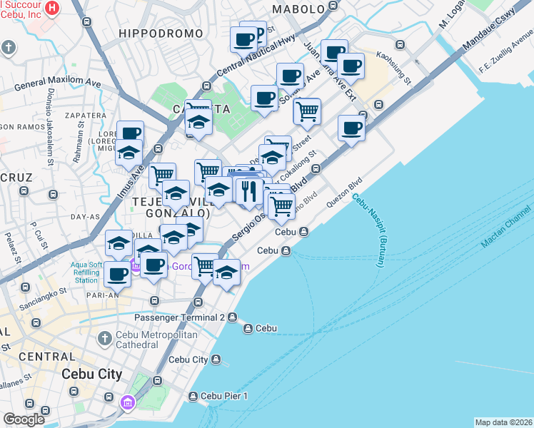 map of restaurants, bars, coffee shops, grocery stores, and more near General Maxilom Avenue Extension in Cebu City