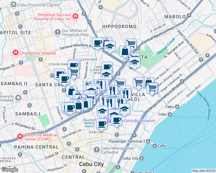 map of restaurants, bars, coffee shops, grocery stores, and more near Imus Avenue in Cebu City