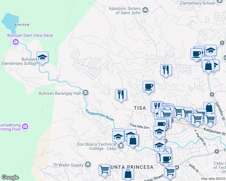 map of restaurants, bars, coffee shops, grocery stores, and more near Cebu South Hills Road in Cebu City