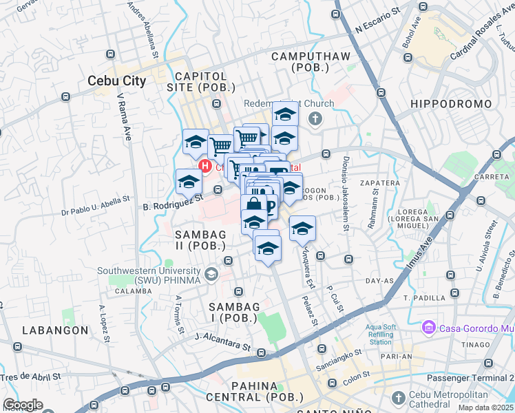 map of restaurants, bars, coffee shops, grocery stores, and more near Osmeña Boulevard in Cebu City