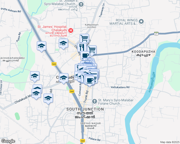 map of restaurants, bars, coffee shops, grocery stores, and more near Market Road in Chalakudy