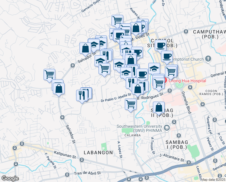 map of restaurants, bars, coffee shops, grocery stores, and more near Doctor Pablo U. Abella Street in Cebu City