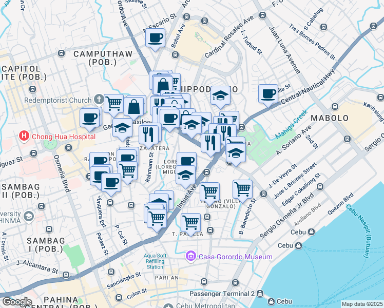 map of restaurants, bars, coffee shops, grocery stores, and more near San Miguel Street in Cebu City