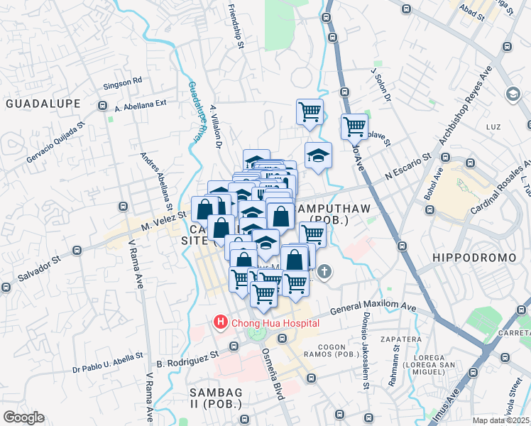 map of restaurants, bars, coffee shops, grocery stores, and more near North Escario Street in Cebu City