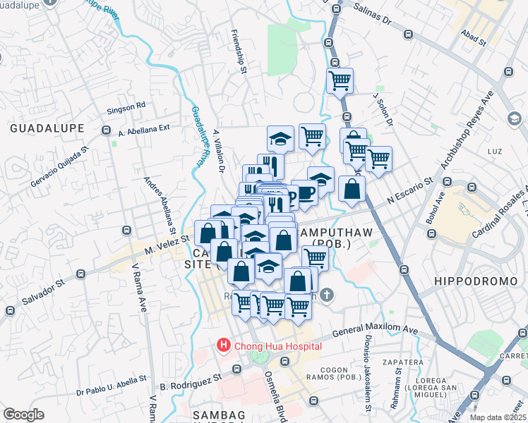 map of restaurants, bars, coffee shops, grocery stores, and more near 143 Juana Osmeña Extension Road in Cebu City