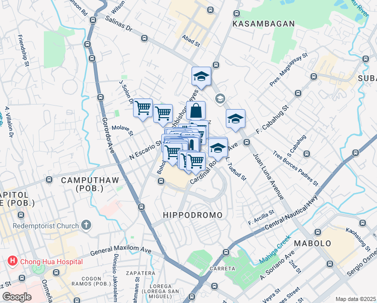 map of restaurants, bars, coffee shops, grocery stores, and more near 703 Mindanao Avenue in Cebu City