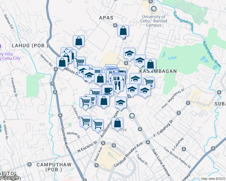 map of restaurants, bars, coffee shops, grocery stores, and more near 701 Jose Maria del Mar Street in Cebu City