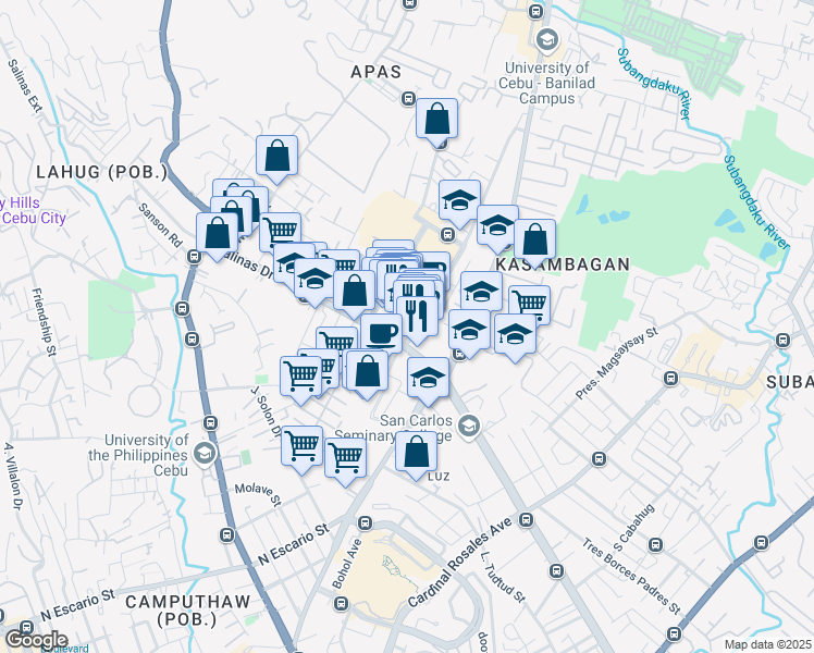 map of restaurants, bars, coffee shops, grocery stores, and more near Jose Maria del Mar Street in Lungsod ng Cebu