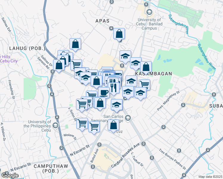 map of restaurants, bars, coffee shops, grocery stores, and more near Jose Maria del Mar Street in Lungsod ng Cebu