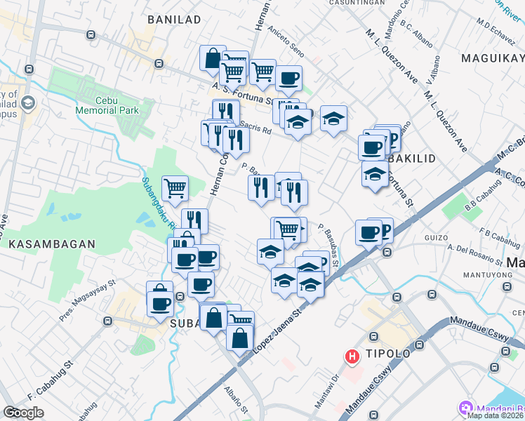 map of restaurants, bars, coffee shops, grocery stores, and more near Hernan Cortes Street Extension in Mandaue City