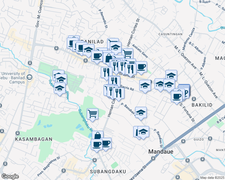 map of restaurants, bars, coffee shops, grocery stores, and more near 1285 Hernan Cortes Street in Mandaue City