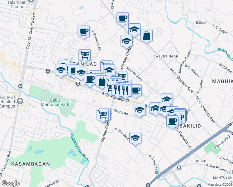 map of restaurants, bars, coffee shops, grocery stores, and more near 1620 Hernan Cortes Street in Mandaue City